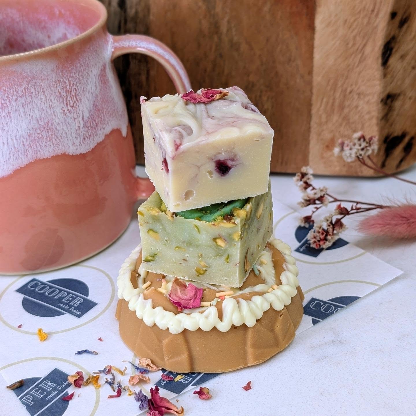 Handmade Cooper Made fudge slices styled with a warm mug